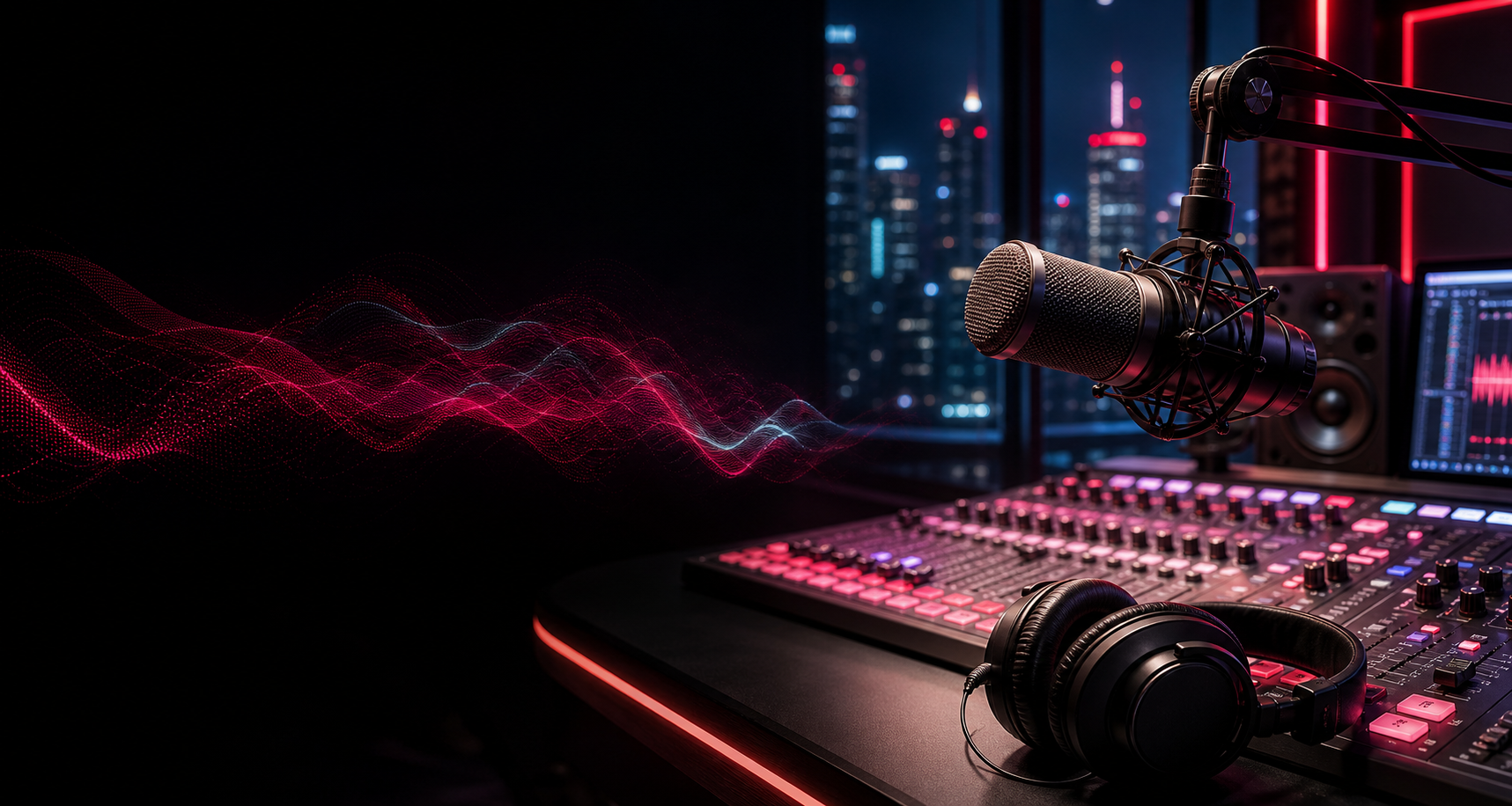 Broadcast microphone and audio console in a modern radio studio